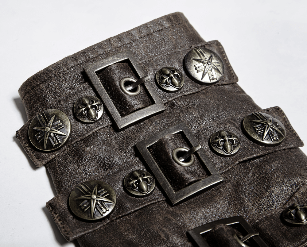 Dark brown steampunk armor bracers with metal rivets and buckles, showcasing unique gothic style.