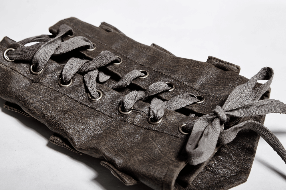 Steampunk brown rivet buckle Gothic armor bracers with adjustable lace-up straps, perfect for alternative fashion.