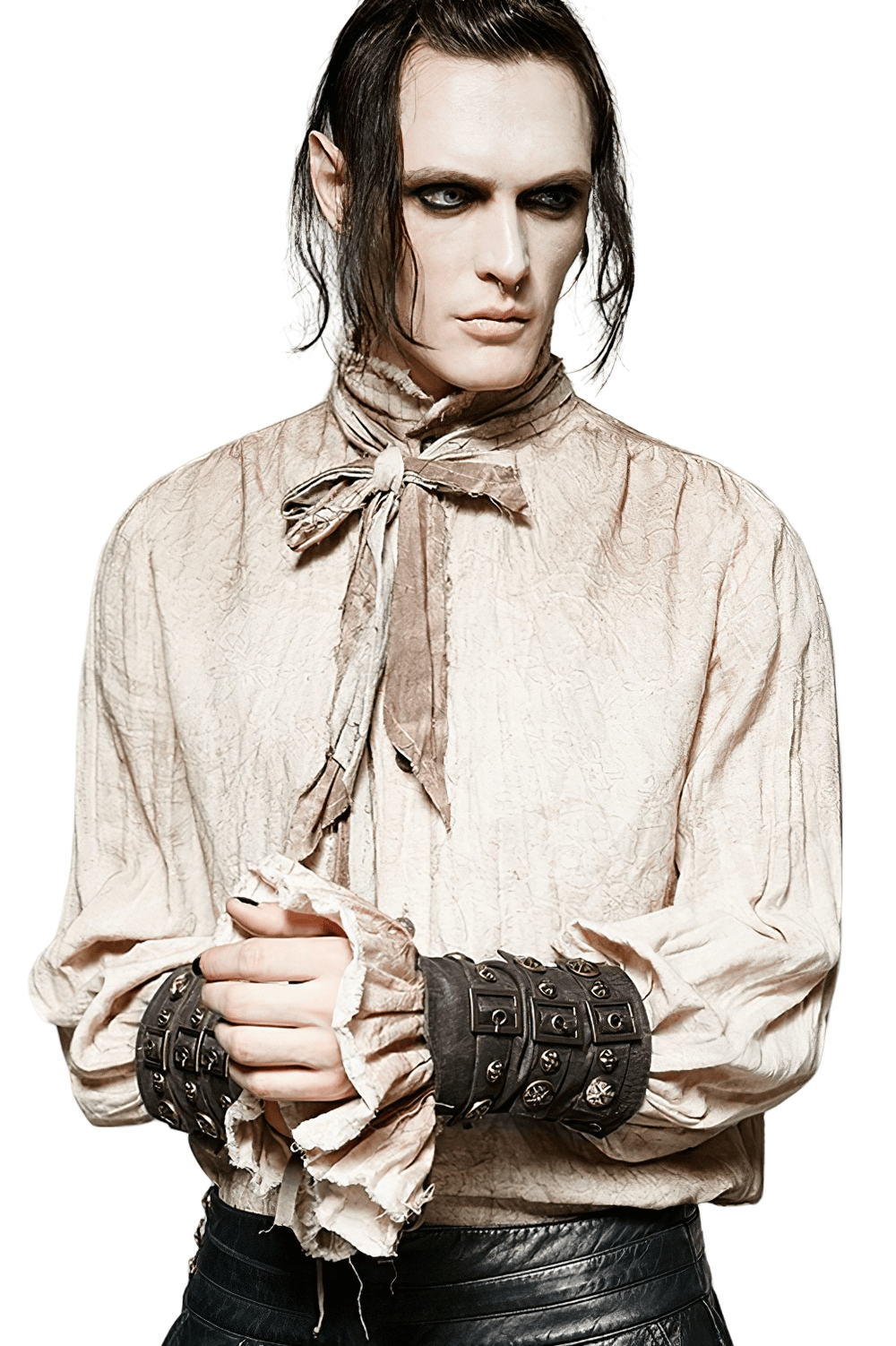 Model wearing steampunk brown rivet buckle bracers with a vintage bow tie shirt, showcasing gothic fashion.