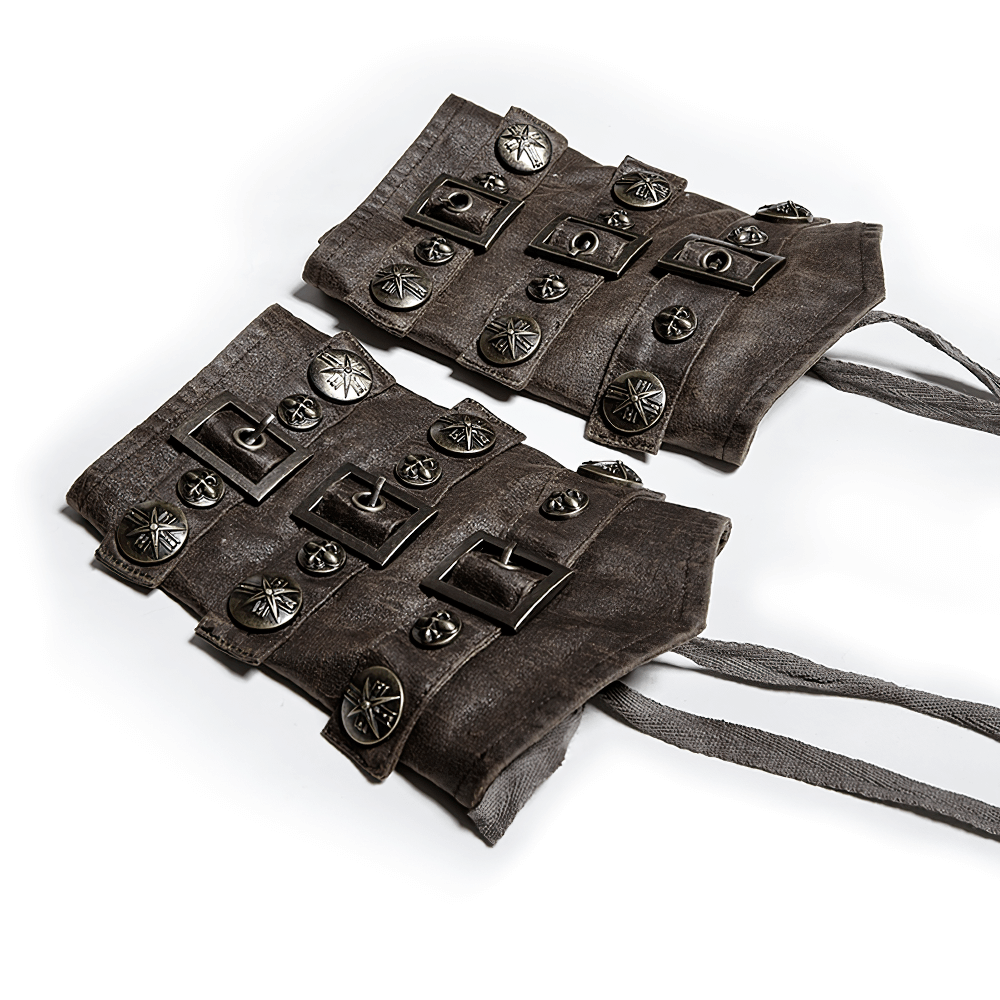 Steampunk brown rivet buckle armor bracers with adjustable straps and intricate detailing.