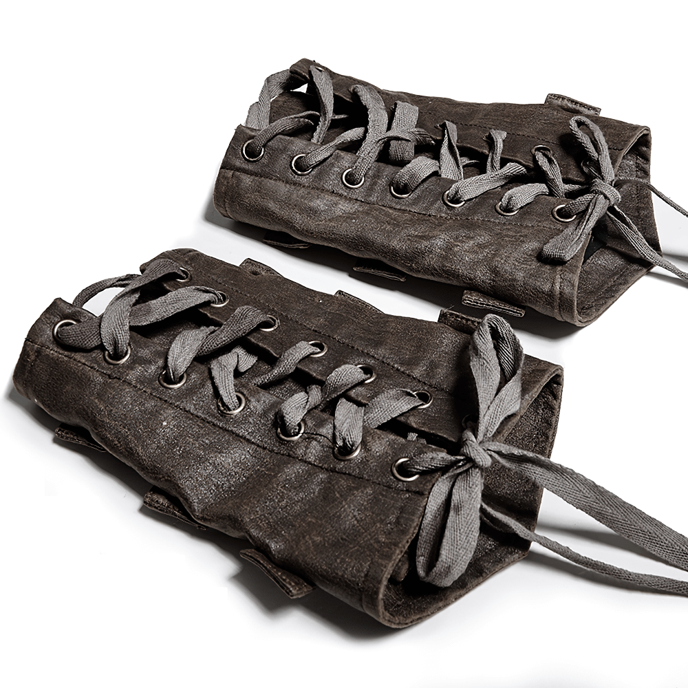 Steampunk brown rivet buckle bracers with adjustable lace-up straps, showcasing gothic style and dark textures.
