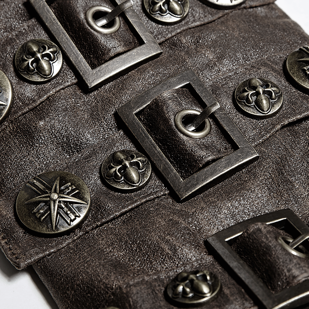 Dark steampunk brown bracers close-up, featuring rivets and buckles for an edgy gothic accessory.