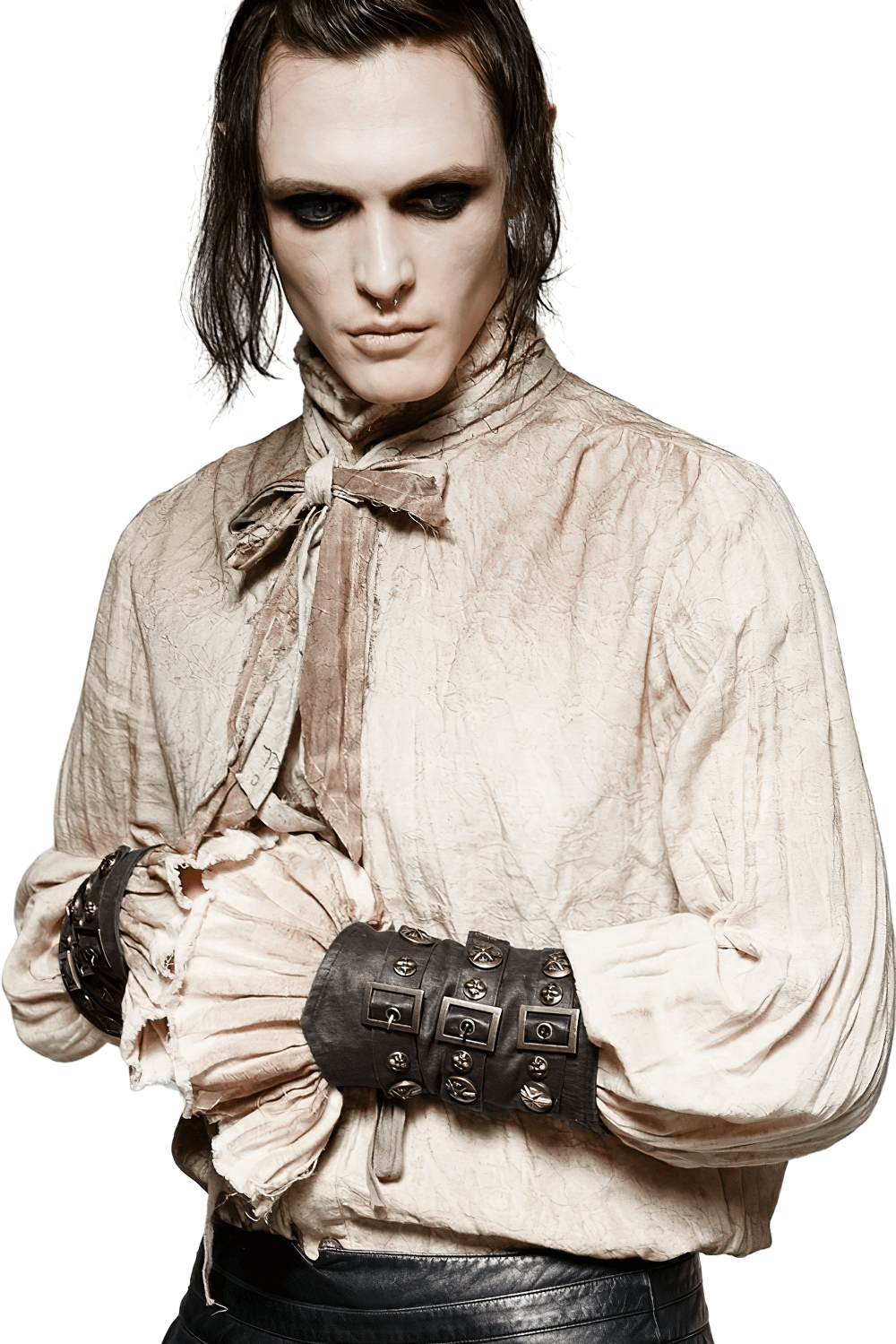 Model showcasing dark steampunk brown rivet buckle armor bracers, perfect for gothic and alternative fashion styles.