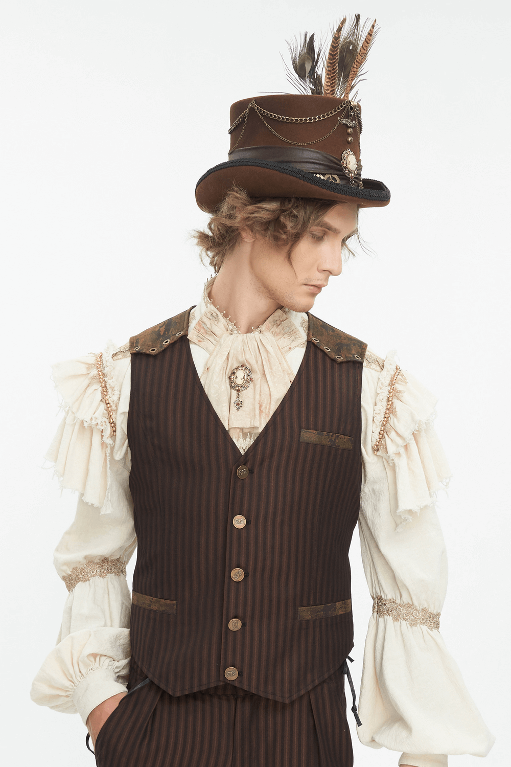 Victorian-inspired male model wearing a steampunk brown top hat with feathers and a pinstripe vest.