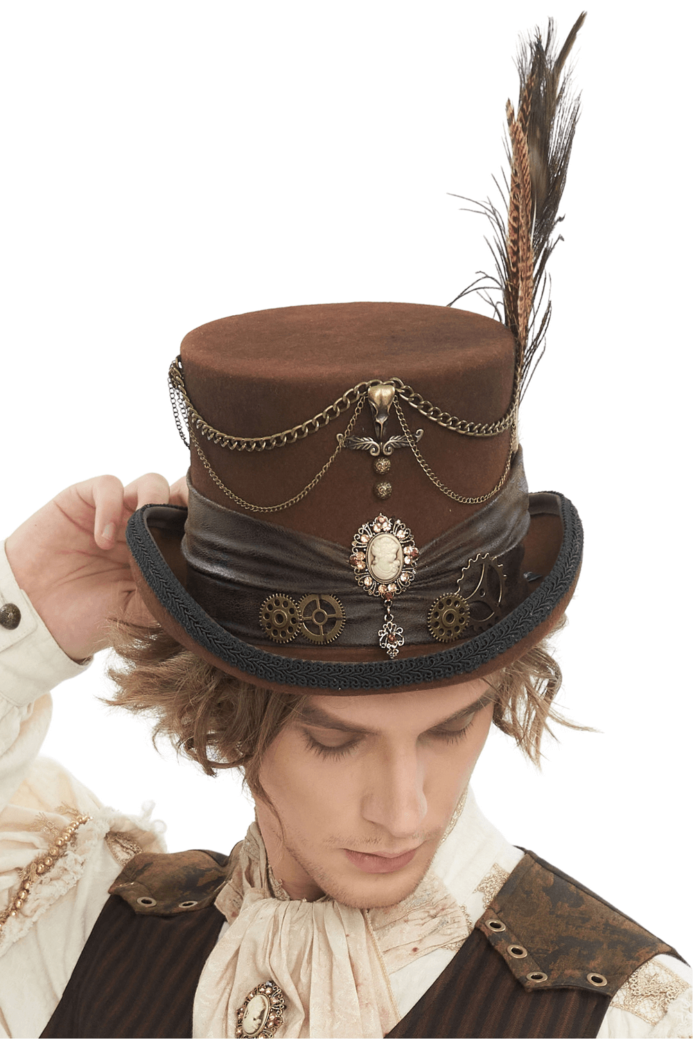 Steampunk Brown Top Hat with Peacock Feather and Gears