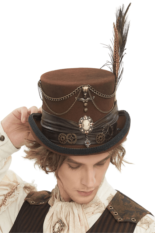 Chapeau haut de forme Steampunk marron avec plume de paon et engrenages
