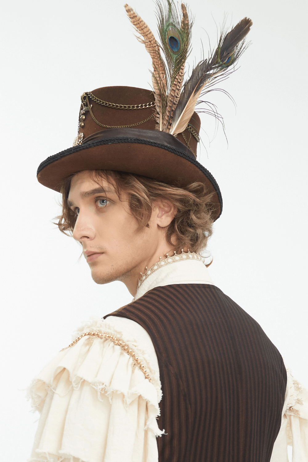 Steampunk Brown Top Hat with Peacock Feather and Gears