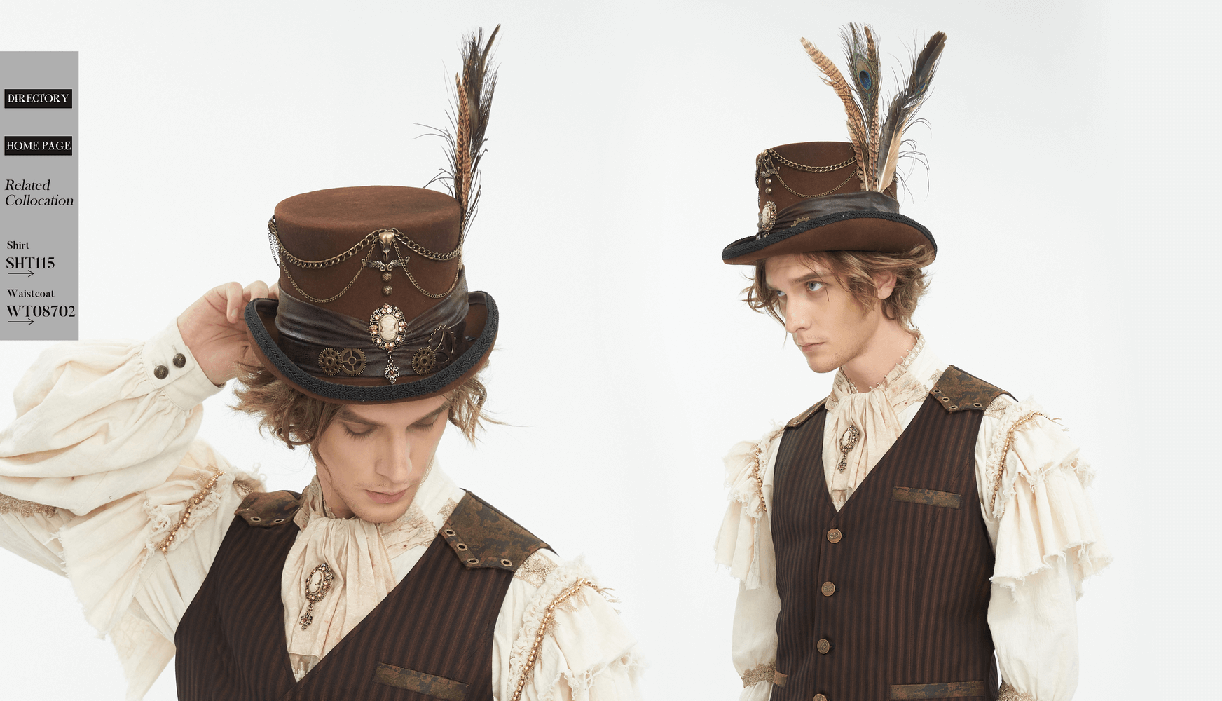 Victorian-inspired brown steampunk top hat with peacock feather and gears worn by a model.