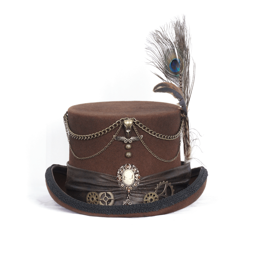 Victorian-inspired brown steampunk top hat with peacock feather, gears, chains, and vintage cameo embellishments.