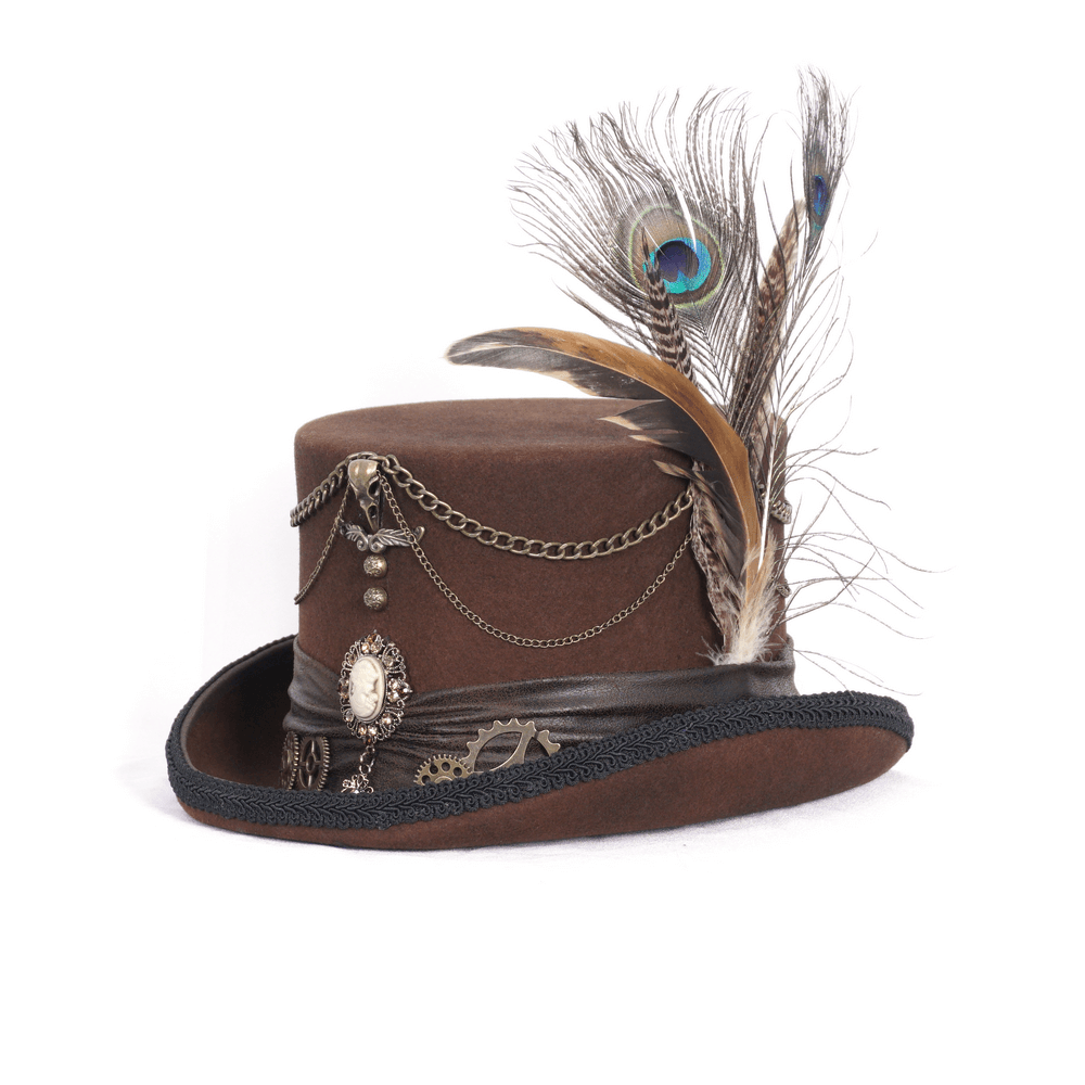 Steampunk brown top hat with peacock feather, gears, chains, and vintage cameo, perfect for cosplay and themed events.