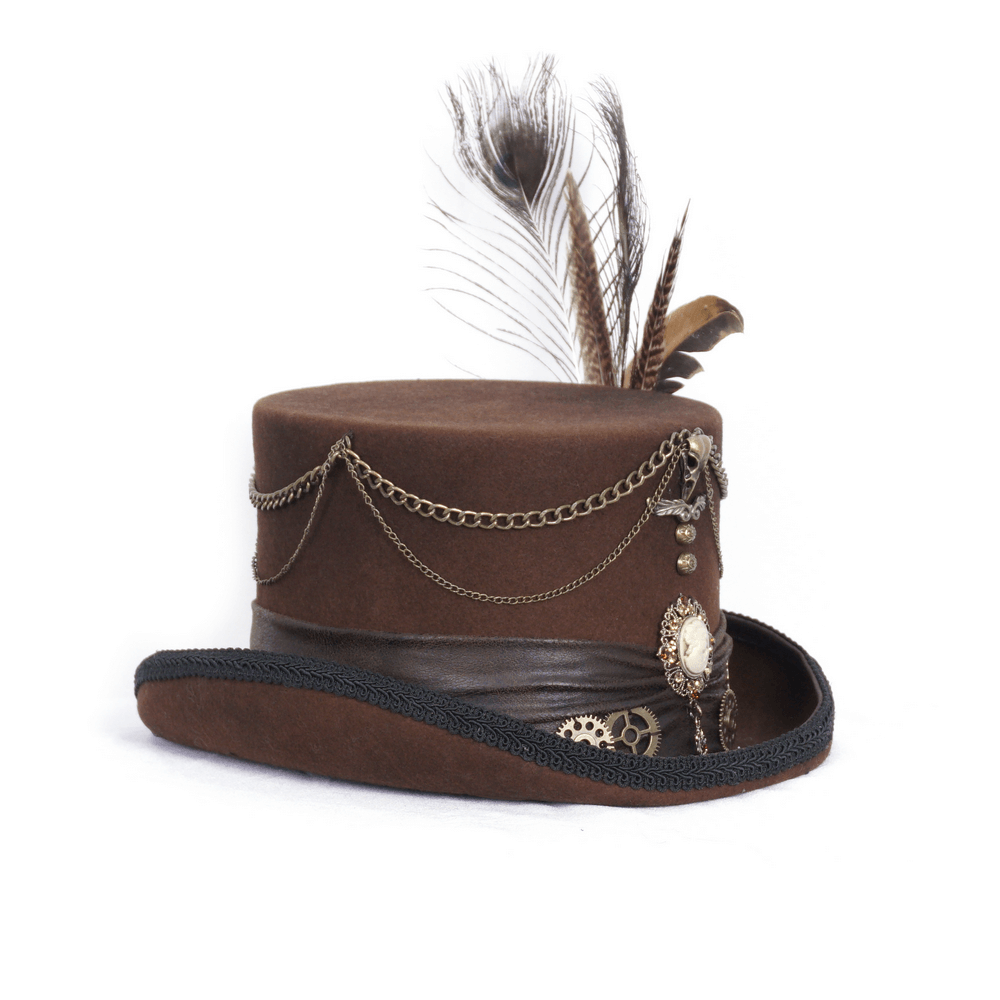 Victorian steampunk brown top hat with peacock feather, chains, gears, and vintage cameo for unique cosplay style.