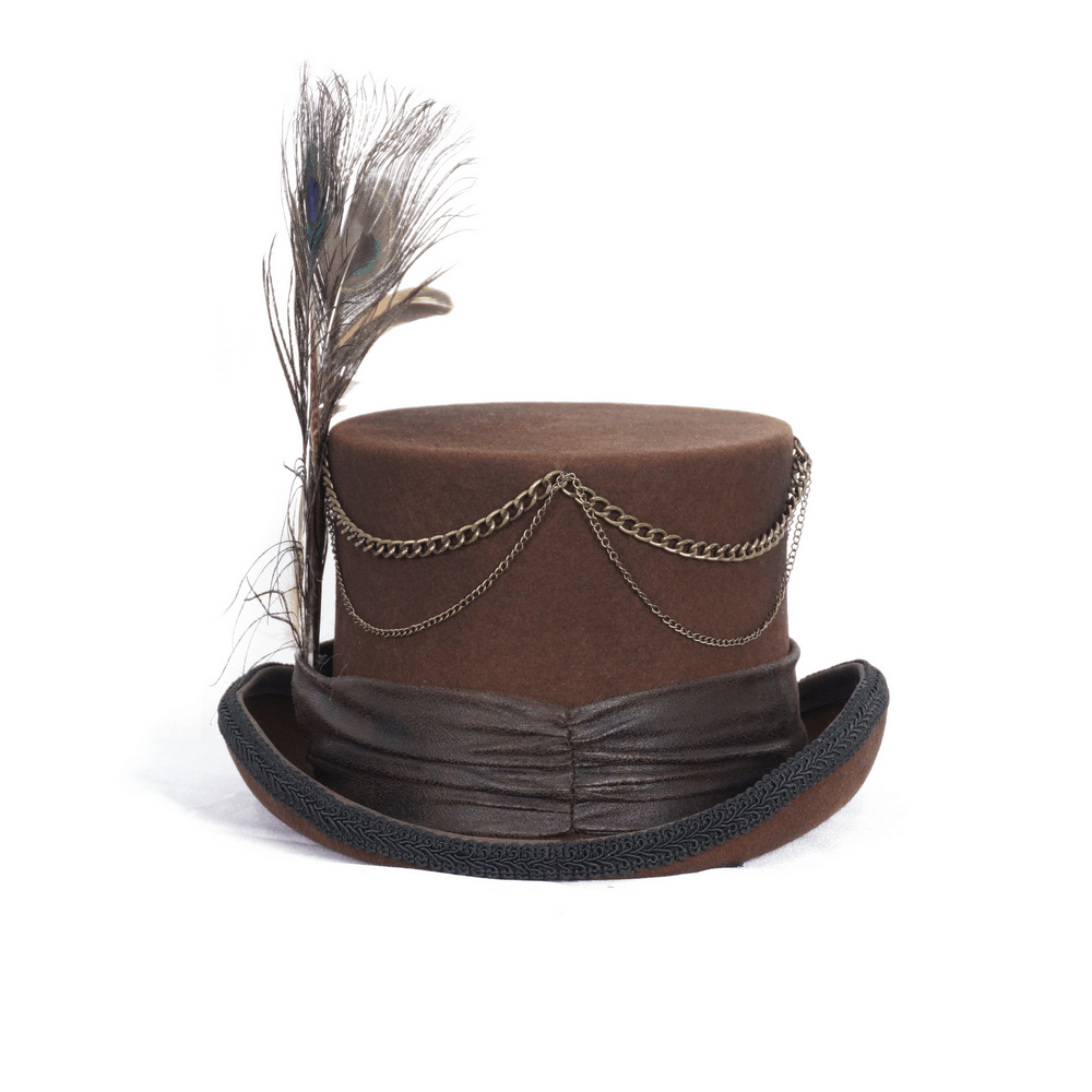 Steampunk Brown Top Hat with Peacock Feather and Gears