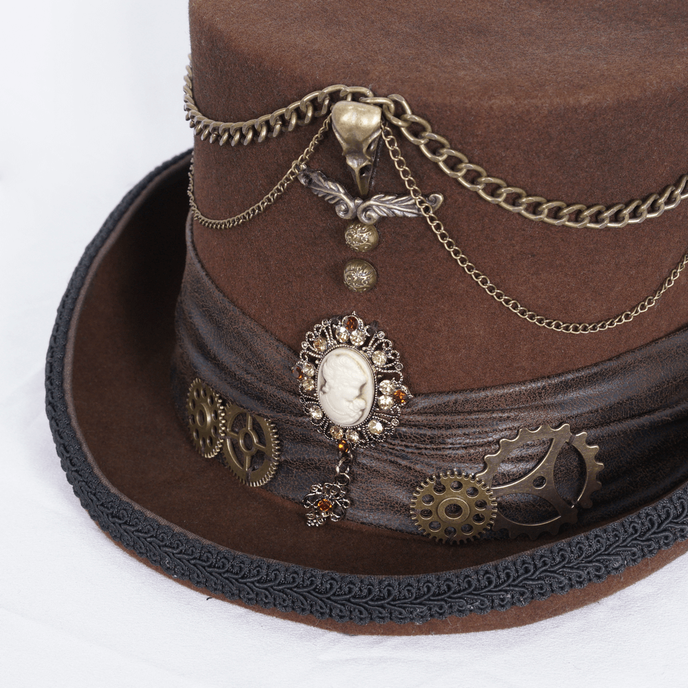 Victorian steampunk brown top hat with chains, gears, and cameo detail, perfect for cosplay and themed events.