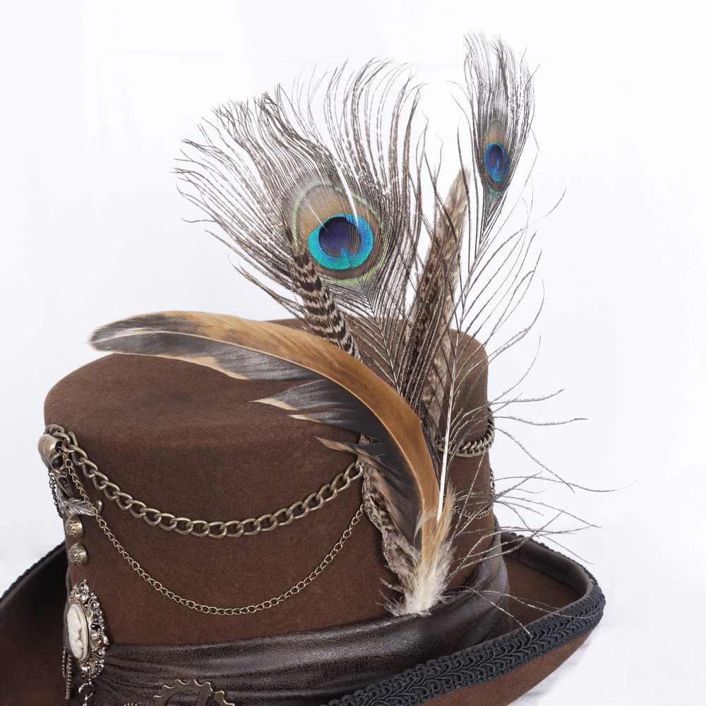 Elegant brown steampunk top hat adorned with peacock feathers, chains, and a vintage cameo for a unique aesthetic.