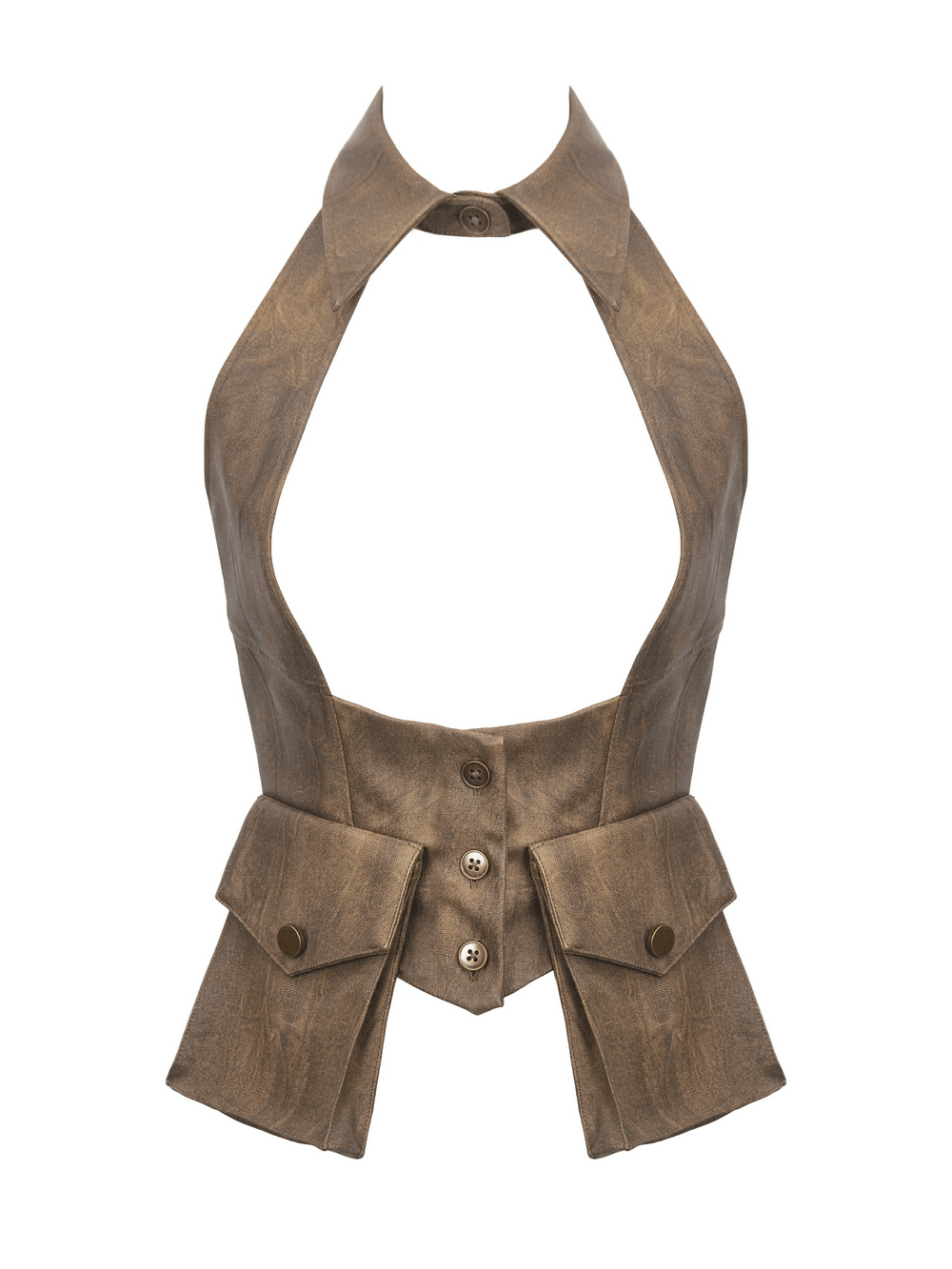 Steampunk brown waistcoat with open front, halter design, decorative buttons, and statement pockets for women.