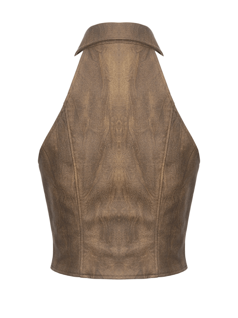 Back view of a vintage brown steampunk waistcoat with a high collar and tailored fit, showcasing its rustic character.