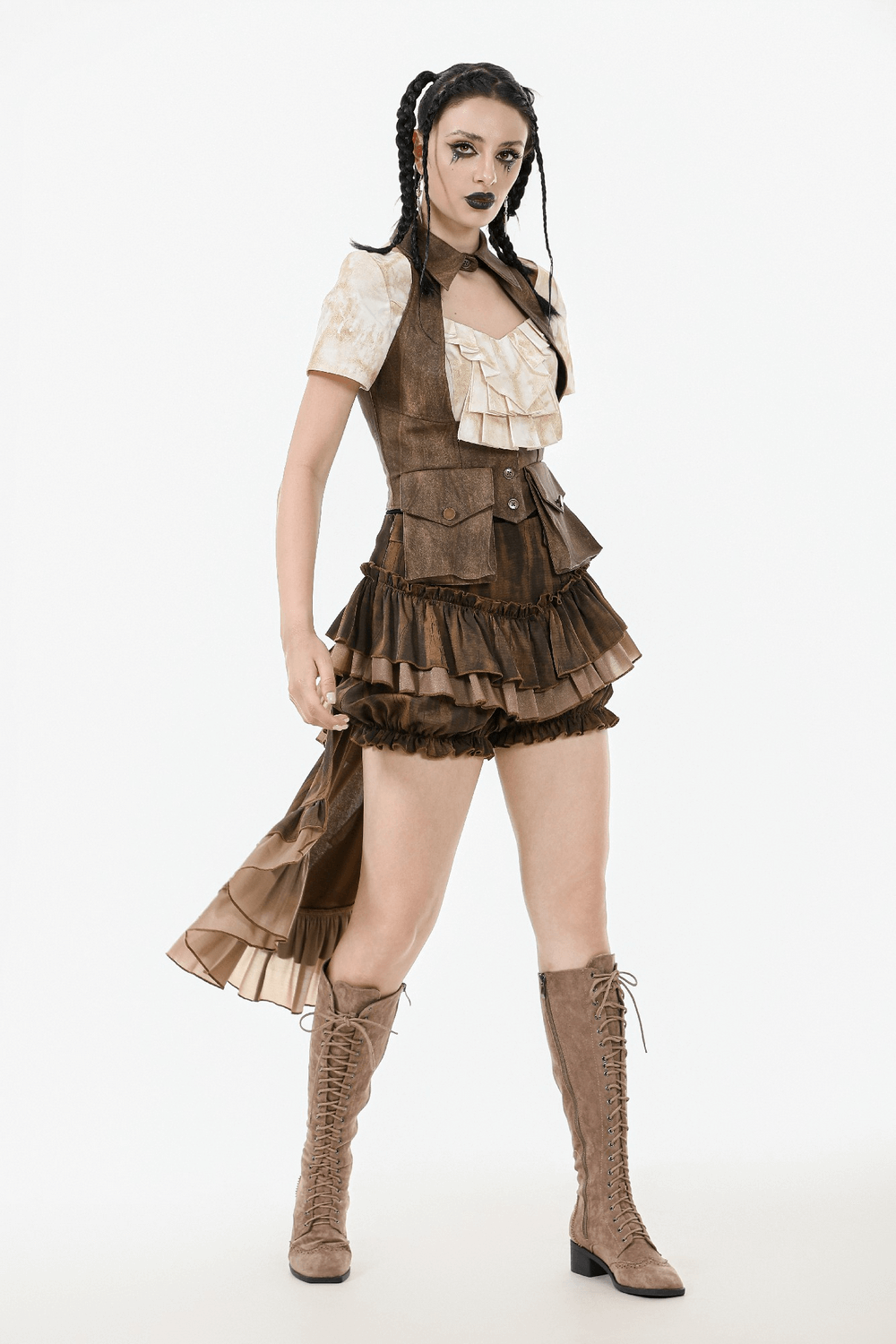 Steampunk brown waistcoat worn with a frilly skirt and knee-high boots for a unique festival look.