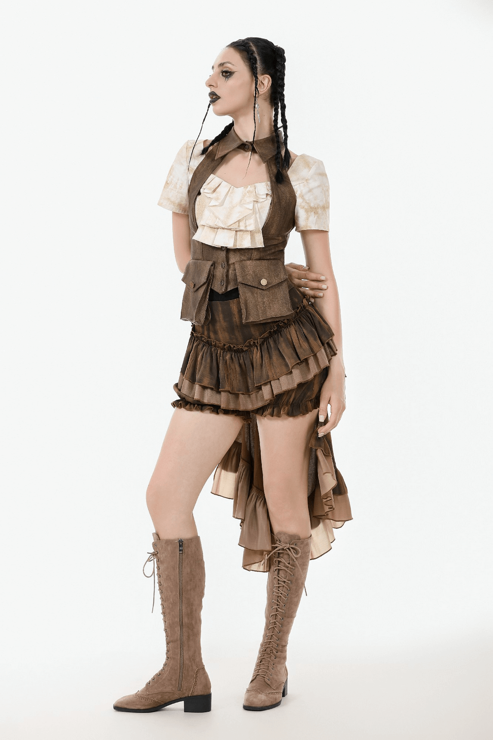 Woman in steampunk brown waistcoat with pockets, layered skirt, and knee-high lace-up boots, showcasing a vintage festival look.