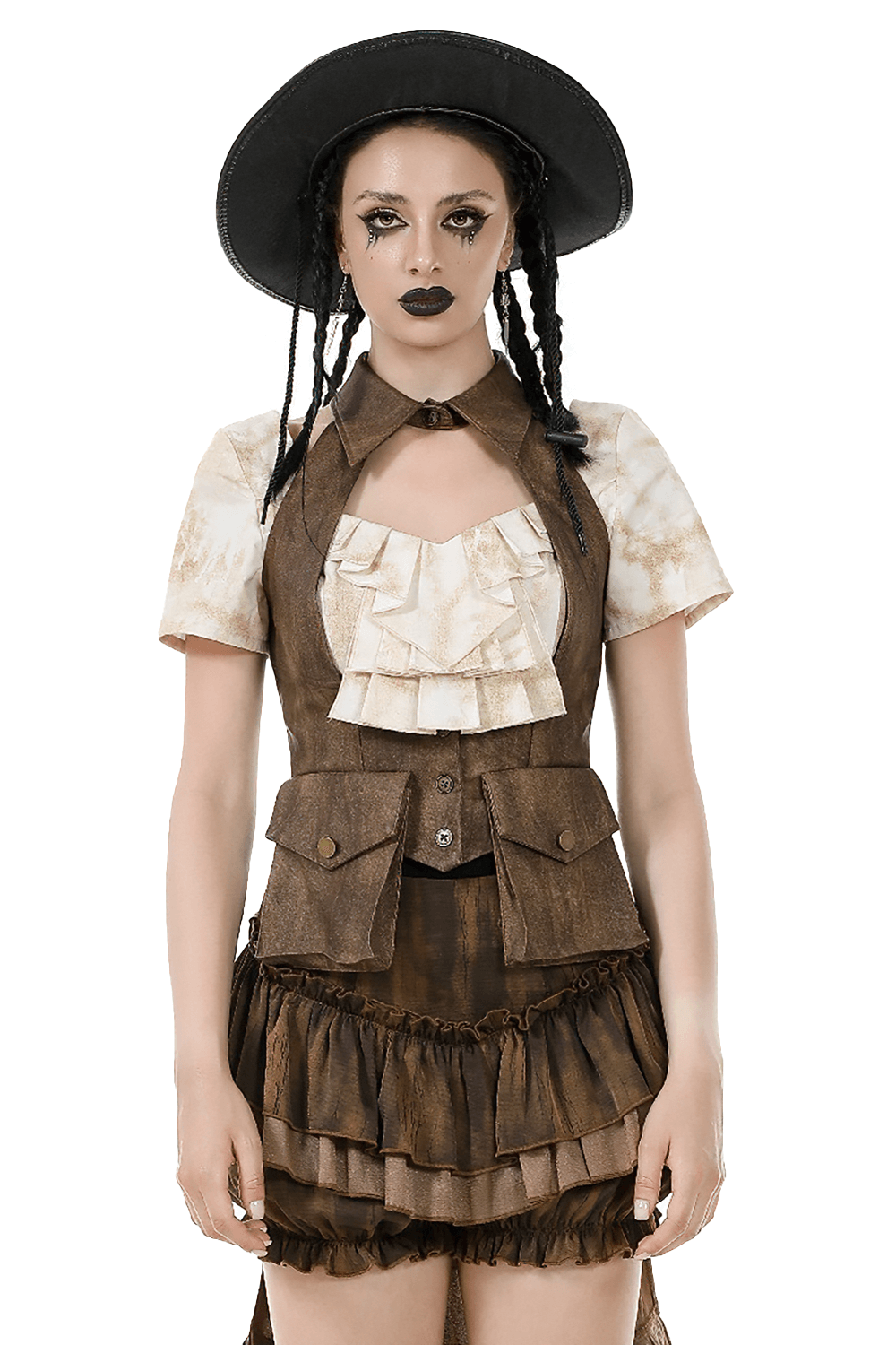 Vintage inspired steampunk brown waistcoat with pockets, ruffled shirt, and a stylish hat for edgy festival fashion.