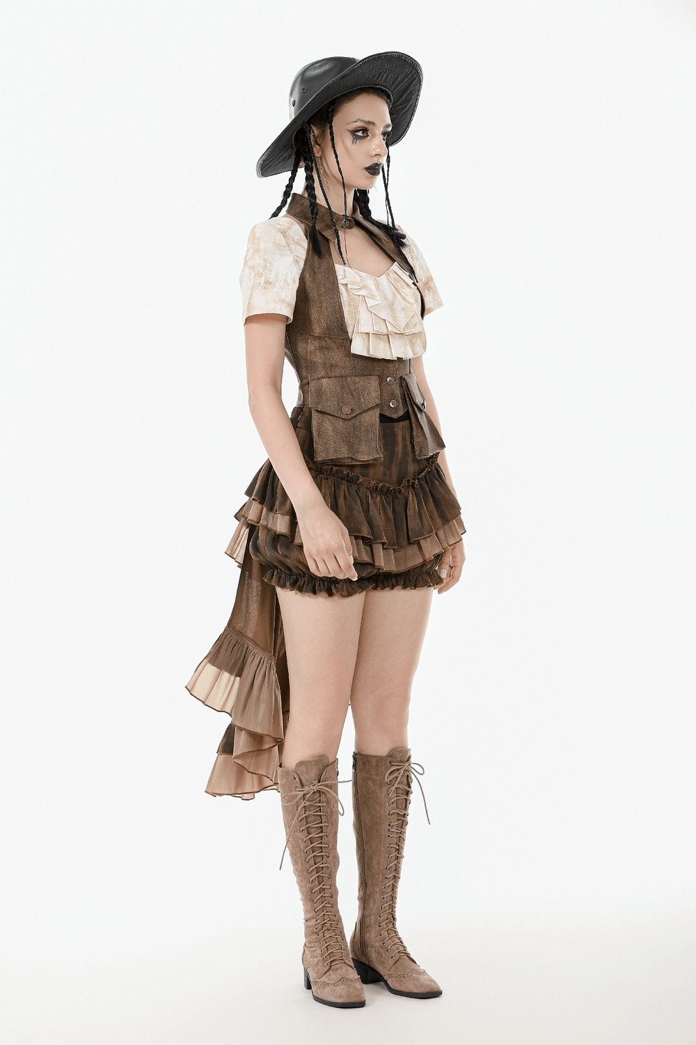 Model showcasing a vintage-inspired steampunk brown waistcoat with pockets and ruffled skirt, accessorized with a hat.