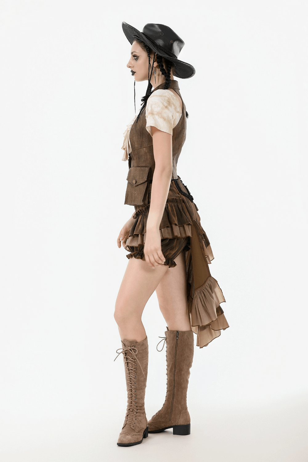 Side view of a woman in a vintage brown steampunk waistcoat with skirts and tall boots, perfect for festivals.