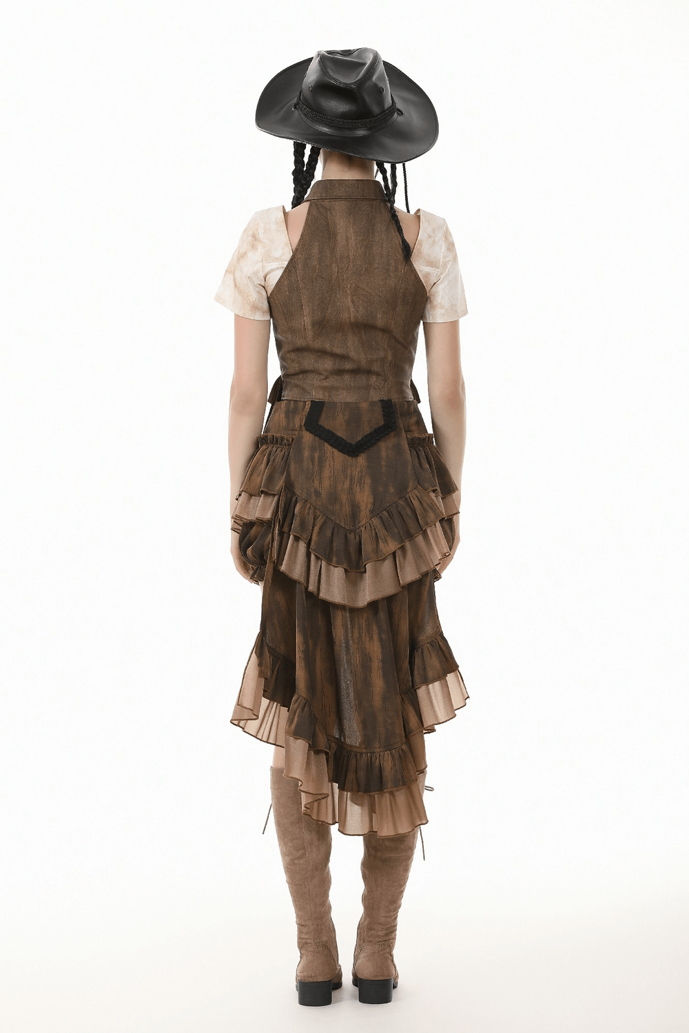 Back view of a woman wearing a steampunk brown waistcoat with frills and a cowgirl hat, showcasing vintage style.