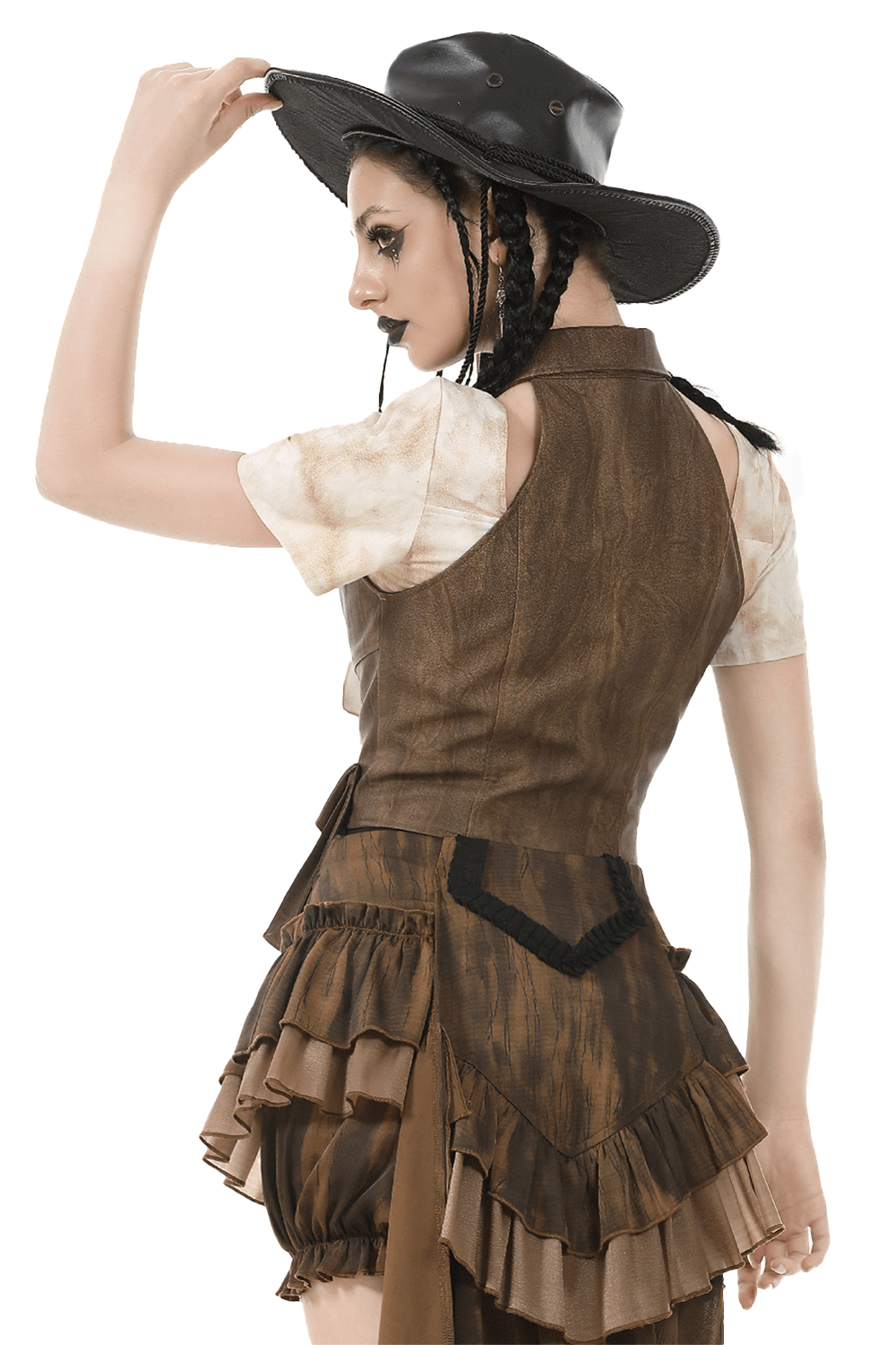 Back view of a woman in a vintage brown steampunk waistcoat and hat, showcasing the unique design and pockets.