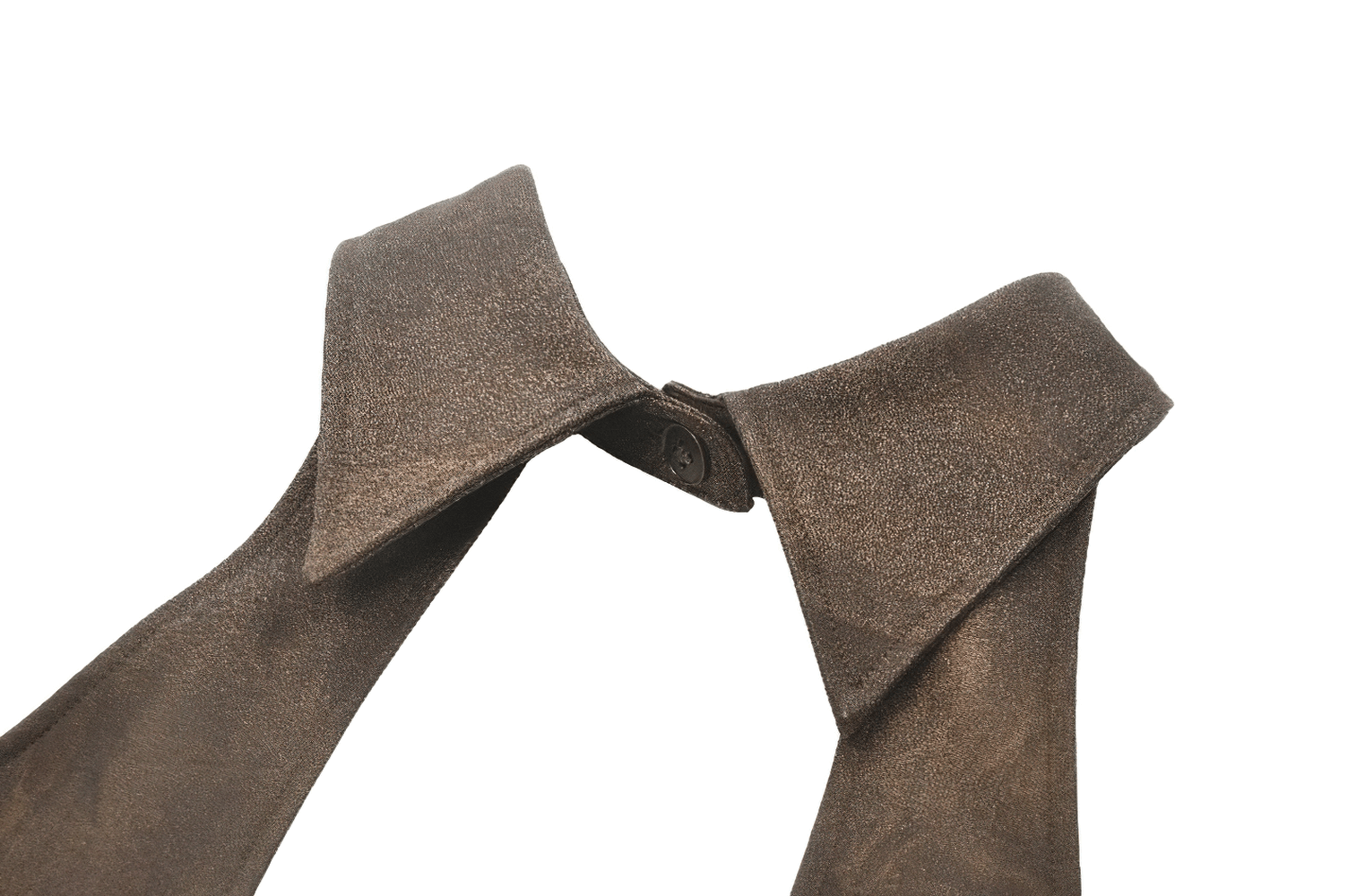 Close-up of a steampunk brown waistcoat collar with button closure, showcasing vintage inspired design and textures.