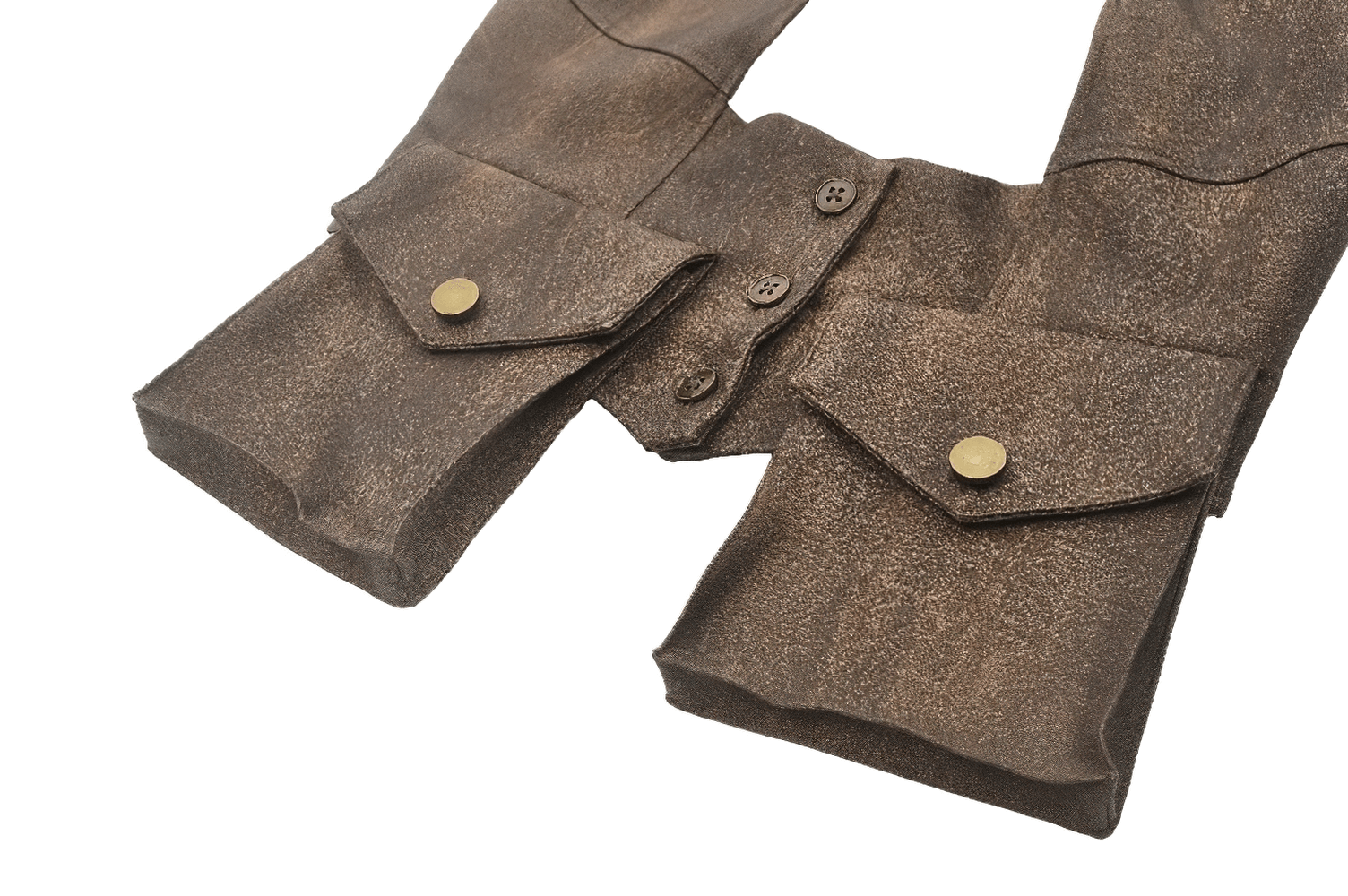 Steampunk brown waistcoat featuring pockets and decorative button closure, perfect for vintage-inspired looks.