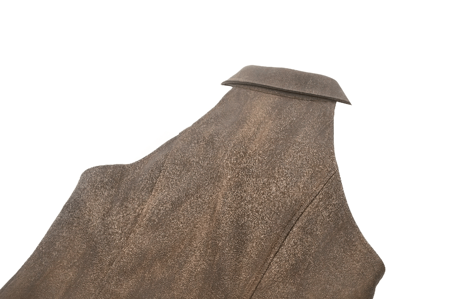 Vintage inspired brown steampunk waistcoat with pointed collar and distressed finish for a unique festival look.