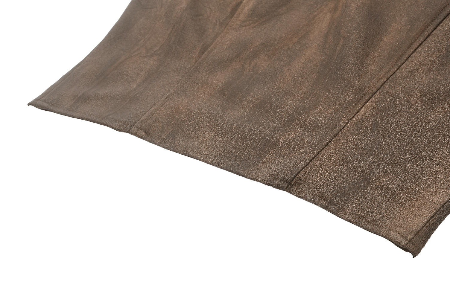 Steampunk brown waistcoat with a vintage distressed finish and open front design, featuring pointed collar and pockets.