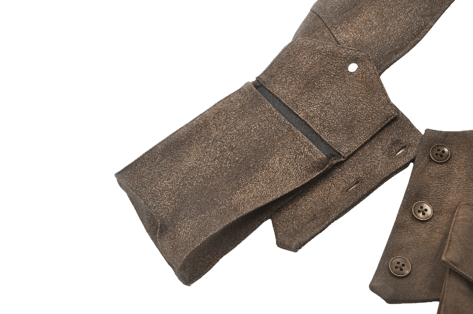 Close-up of a vintage brown steampunk waistcoat showing decorative buttons and distinct pocket design.