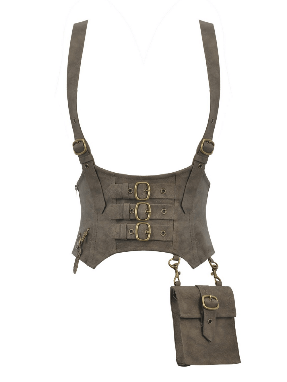 Steampunk Buckle Harness Corset Belt With Pouch featuring adjustable straps and antique brass-tone hardware.