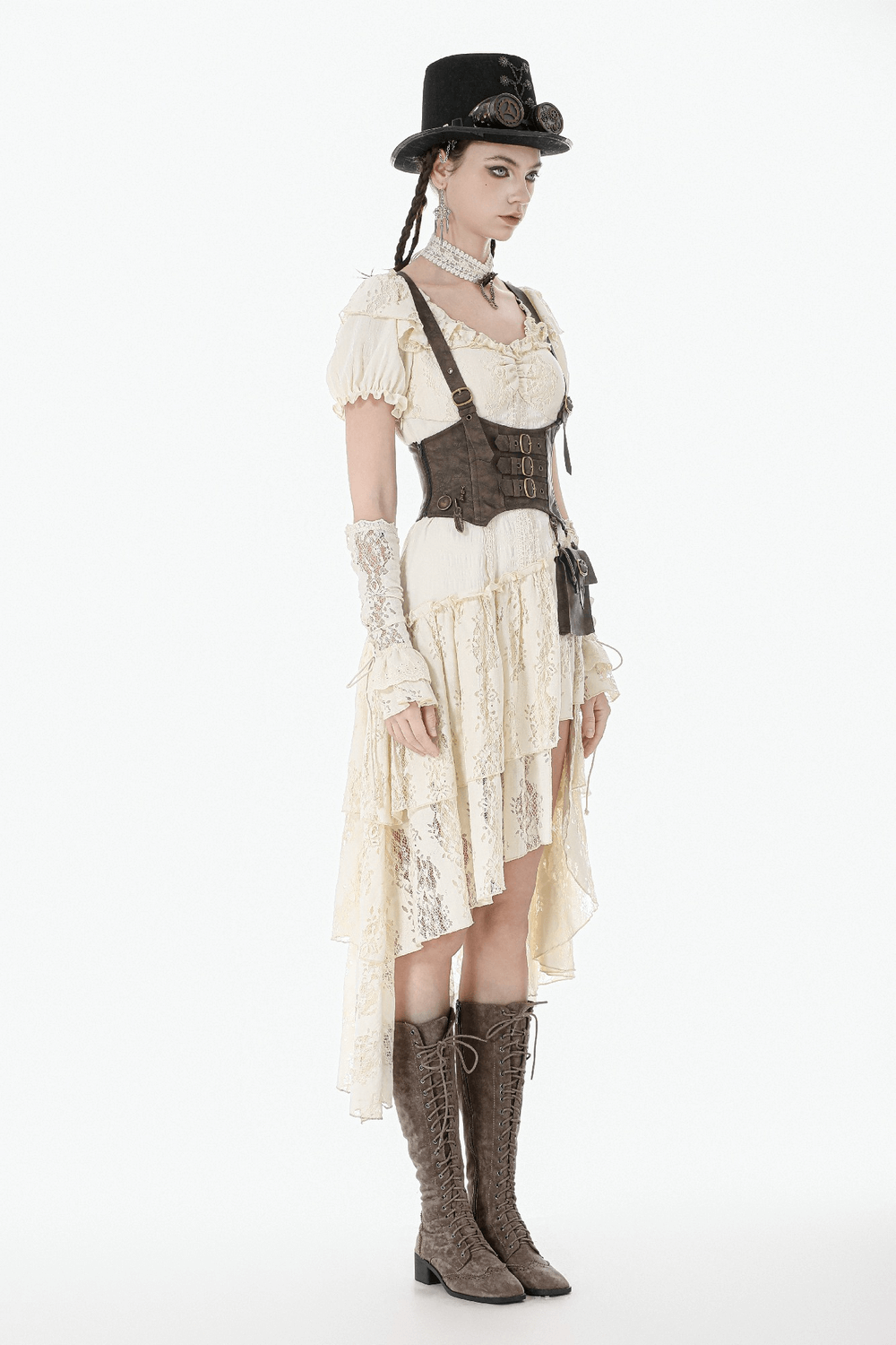 Model showcasing Steampunk Buckle Harness Corset Belt With Pouch over a Victorian-style dress and boots.