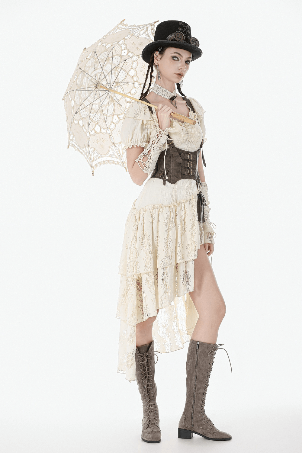 Steampunk Buckle Harness Corset Belt With Pouch styled with a lace dress and parasol in a Victorian setting.