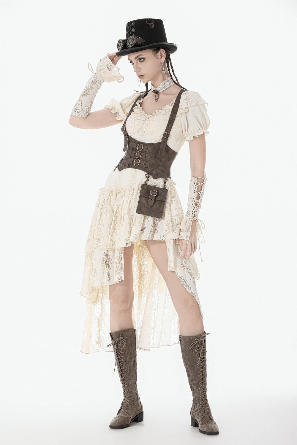 Steampunk Buckle Harness Corset Belt With Pouch worn stylishly over a vintage lace dress.