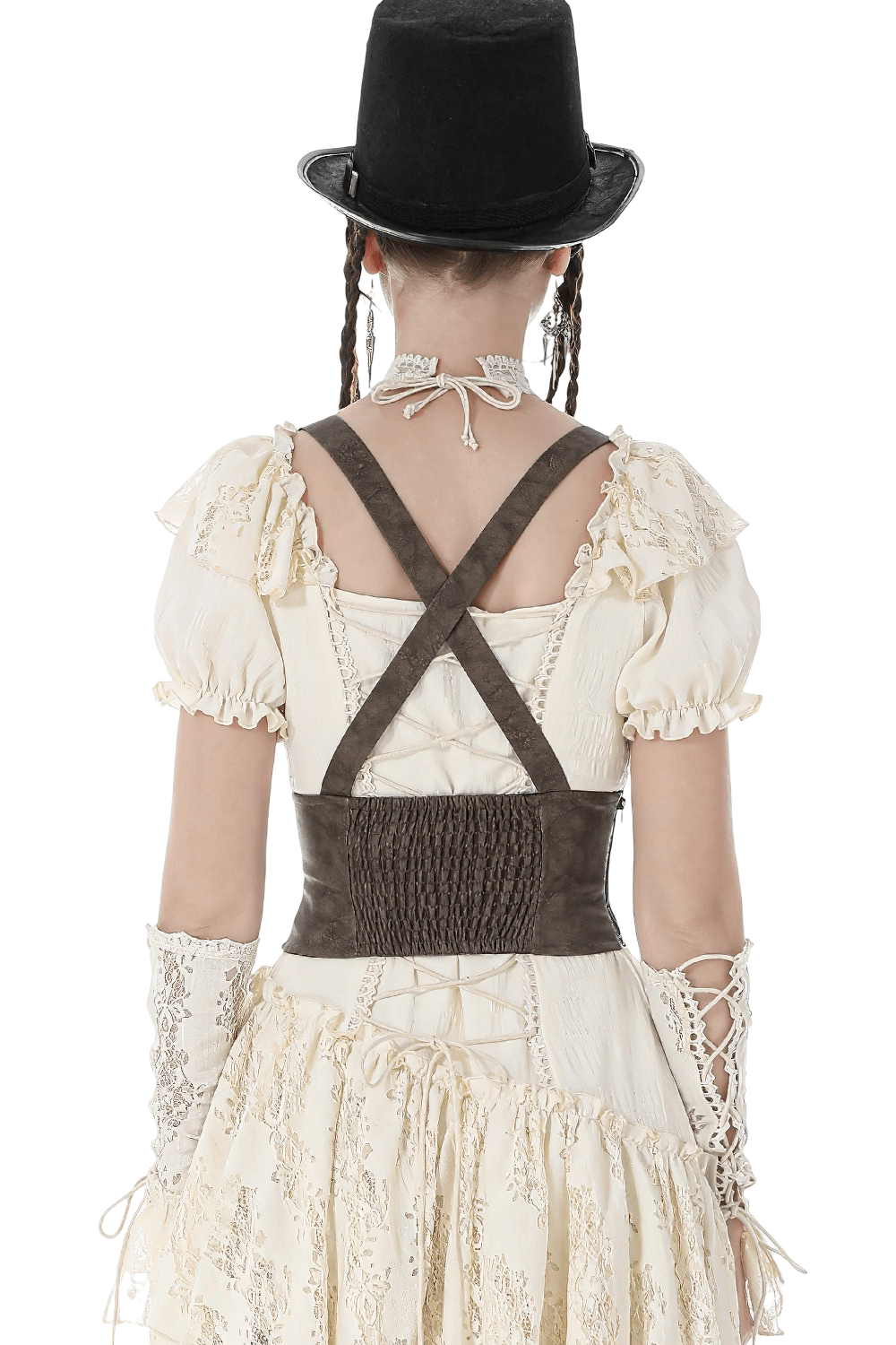 Steampunk Buckle Harness Corset Belt With Pouch viewed from the back, showing adjustable straps and smocked panel.