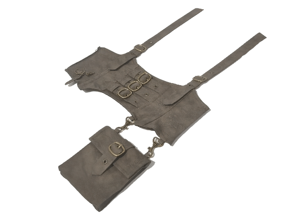 Steampunk Buckle Harness Corset Belt With Pouch showcasing faux leather design and antique brass-tone hardware.