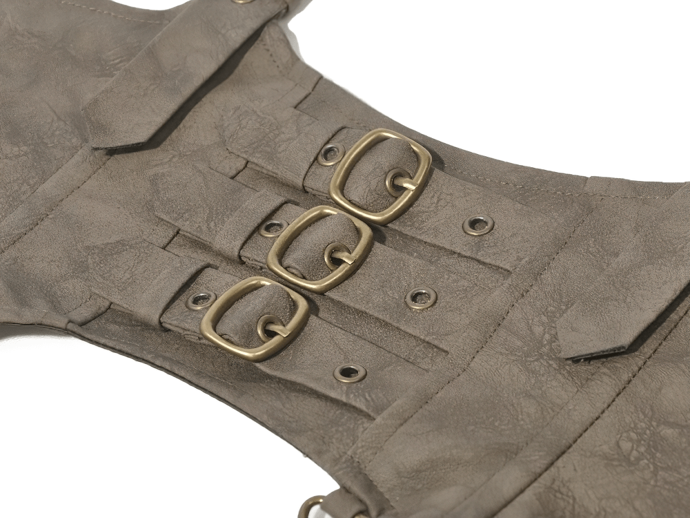 Steampunk Buckle Harness Corset Belt With Pouch featuring antique brass-tone buckles and faux leather texture.