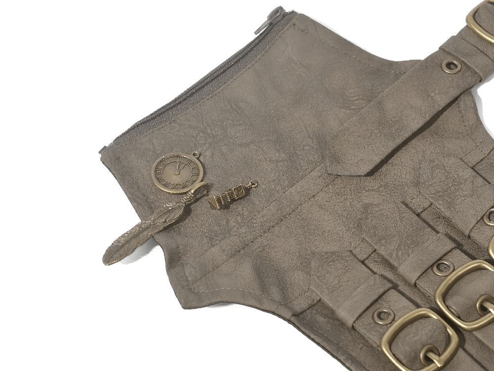 Steampunk Buckle Harness Corset Belt With Pouch showcasing antique brass-tone hardware and zipper details.