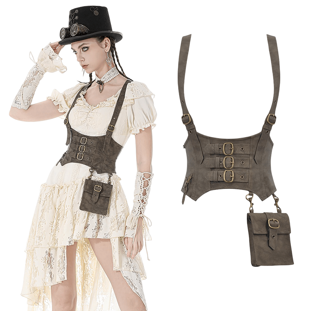 Steampunk Buckle Harness Corset Belt With Pouch worn by model showcasing adjustable straps and snap pouch.