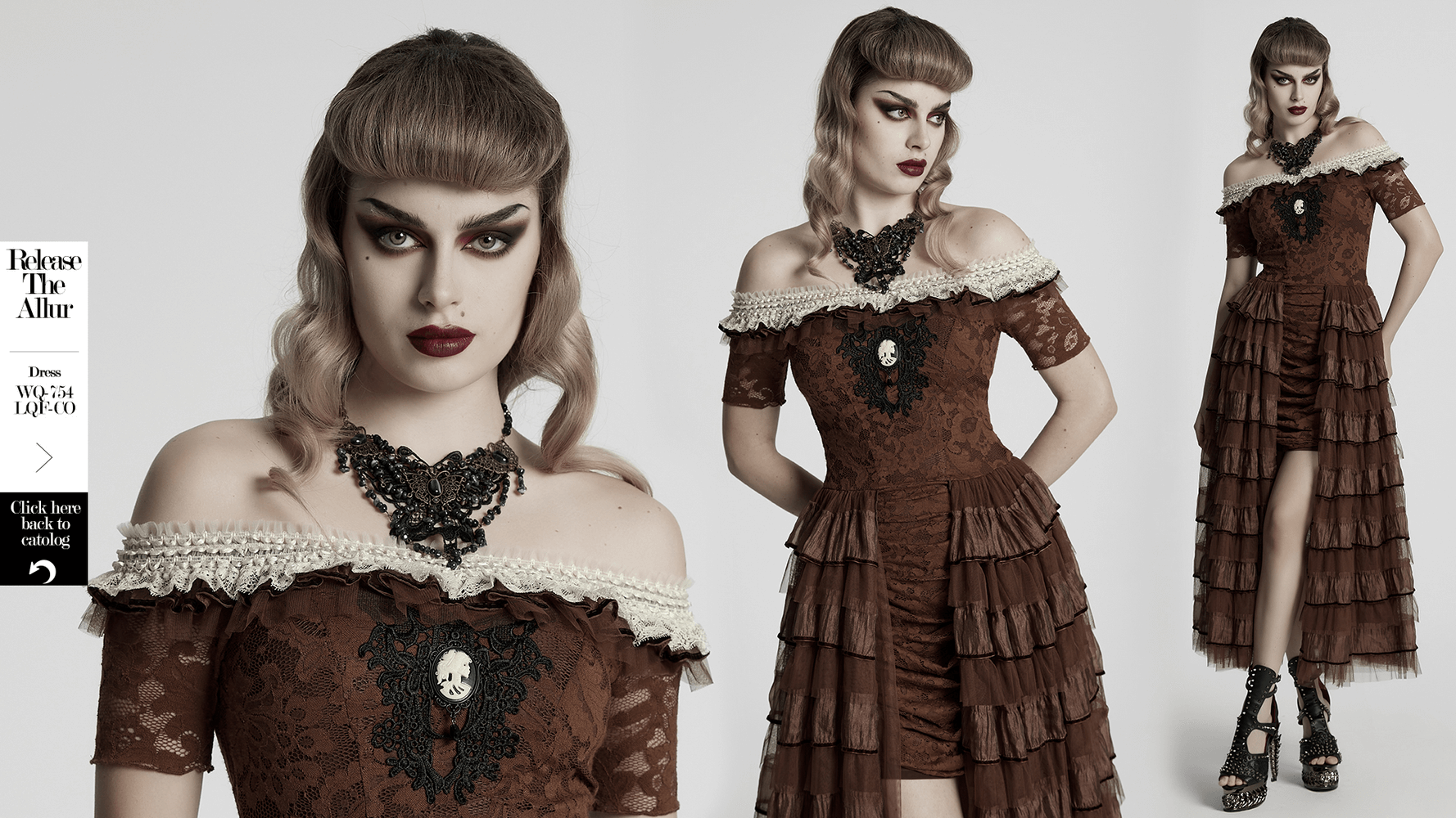 Gothic vintage fashion model in ornate brown off-shoulder dress with lace and layered skirt, showcasing edgy elegance.