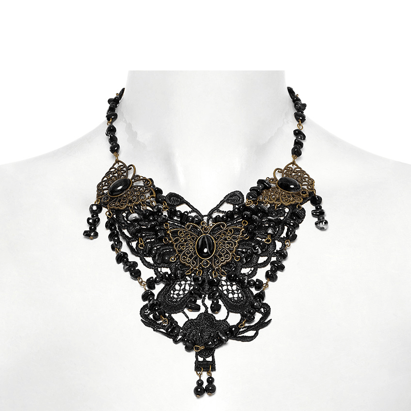Steampunk butterfly necklace with lace and natural stones, perfect for gothic and casual outfits.