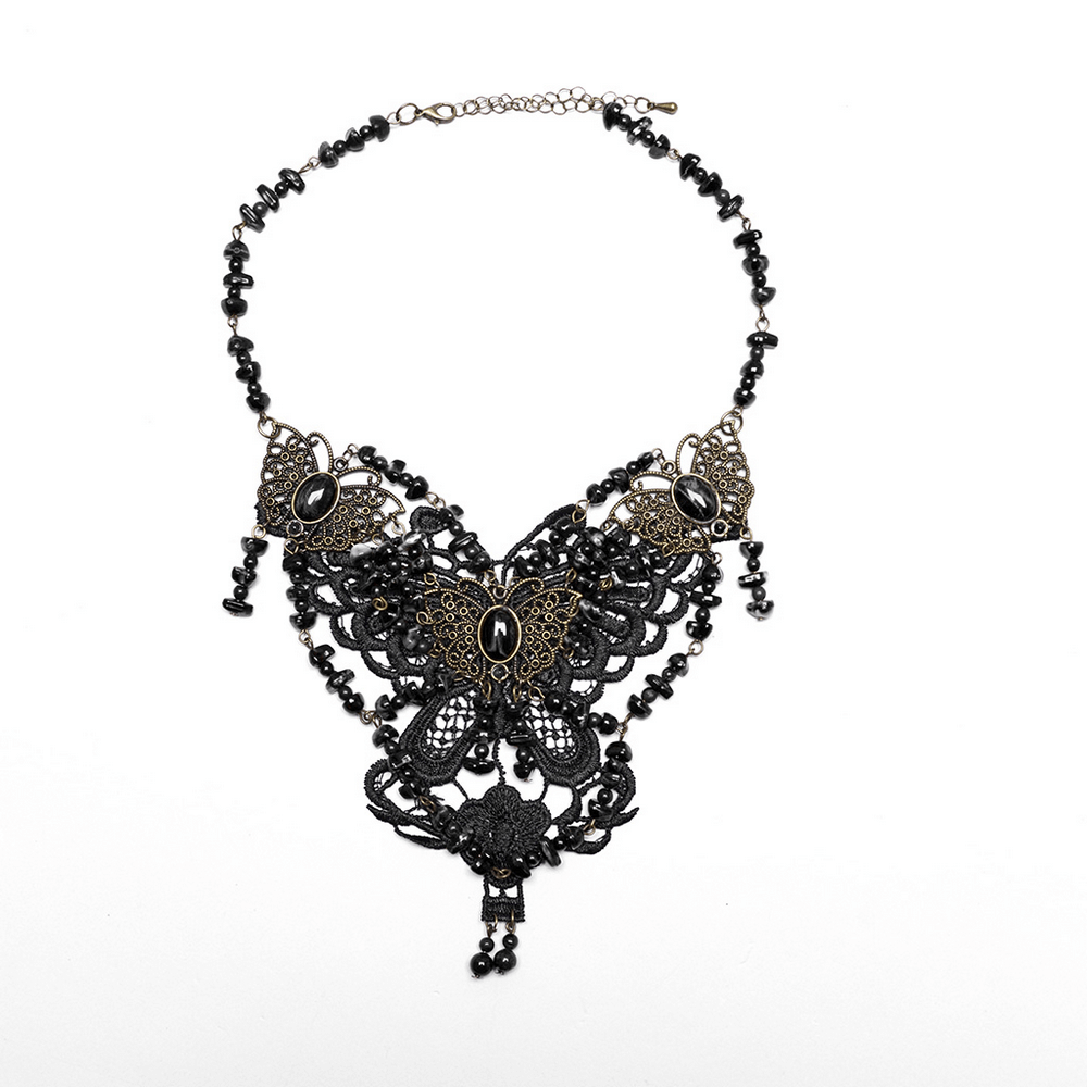 Gothic steampunk butterfly necklace with lace and natural stones for bold fashion statements.