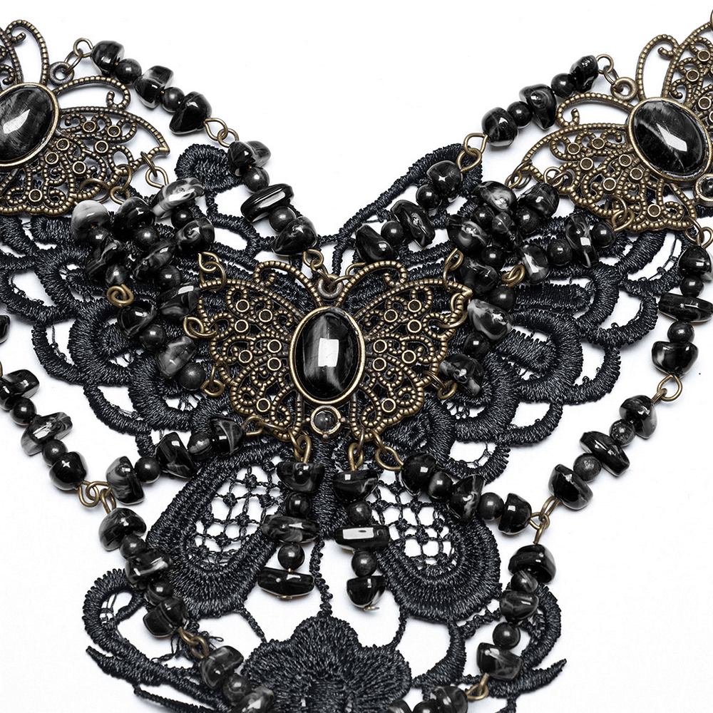 Gothic steampunk butterfly necklace with lace and black natural stones, perfect for bold, casual or gothic outfits.