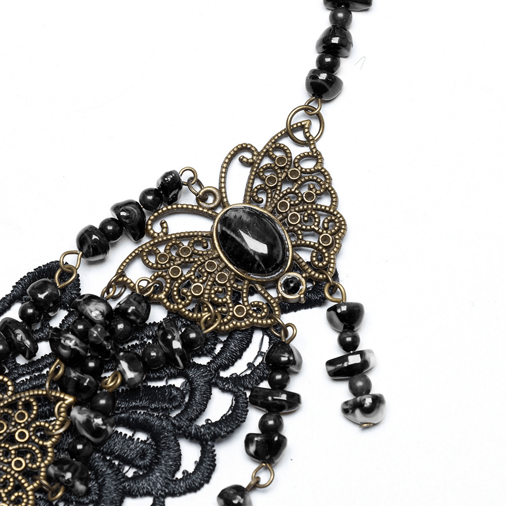 Gothic steampunk butterfly necklace featuring natural stones and intricate lace details, perfect for bold style.