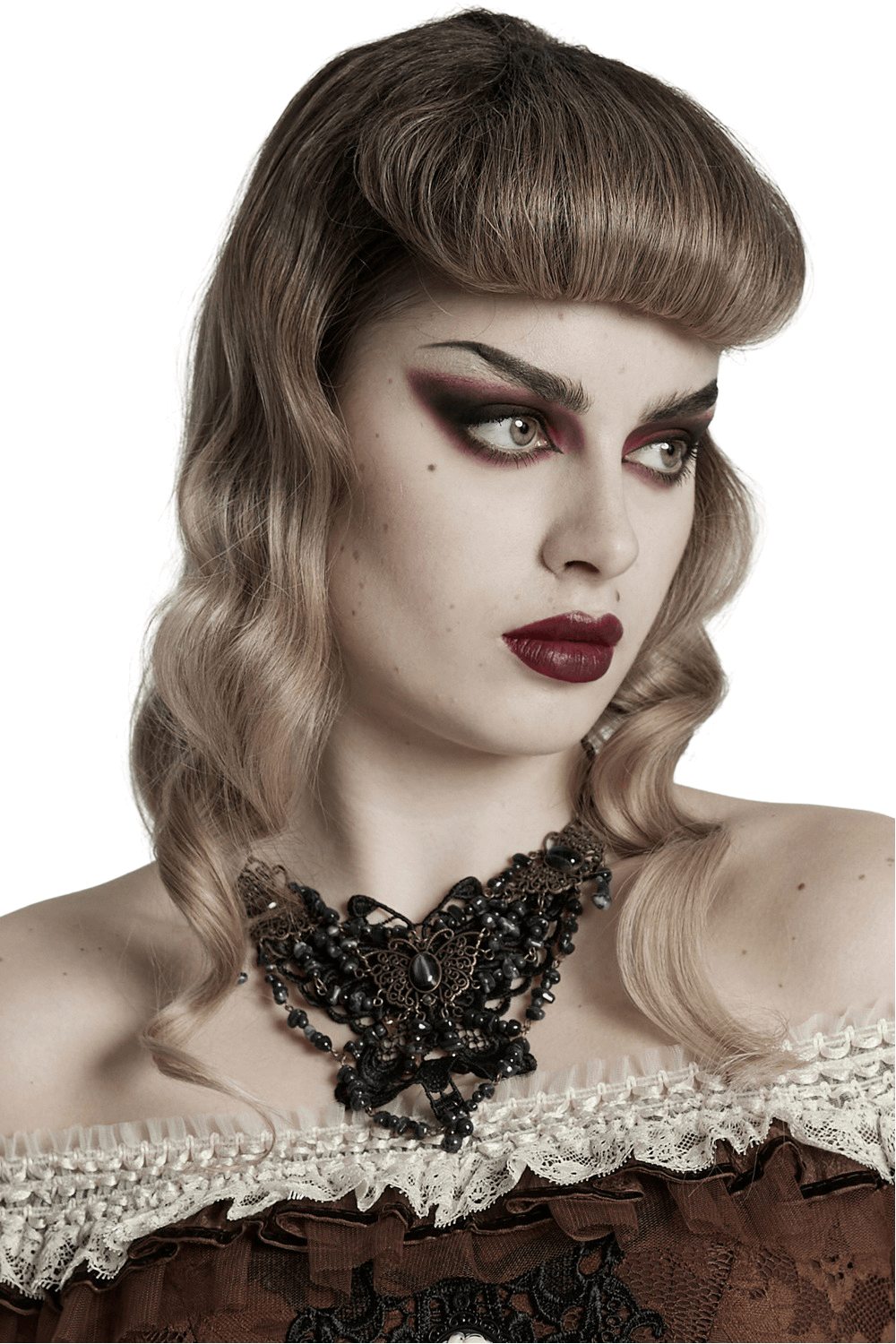 Gothic steampunk butterfly necklace featuring lace and natural stones, worn by a model with vintage hairstyle.