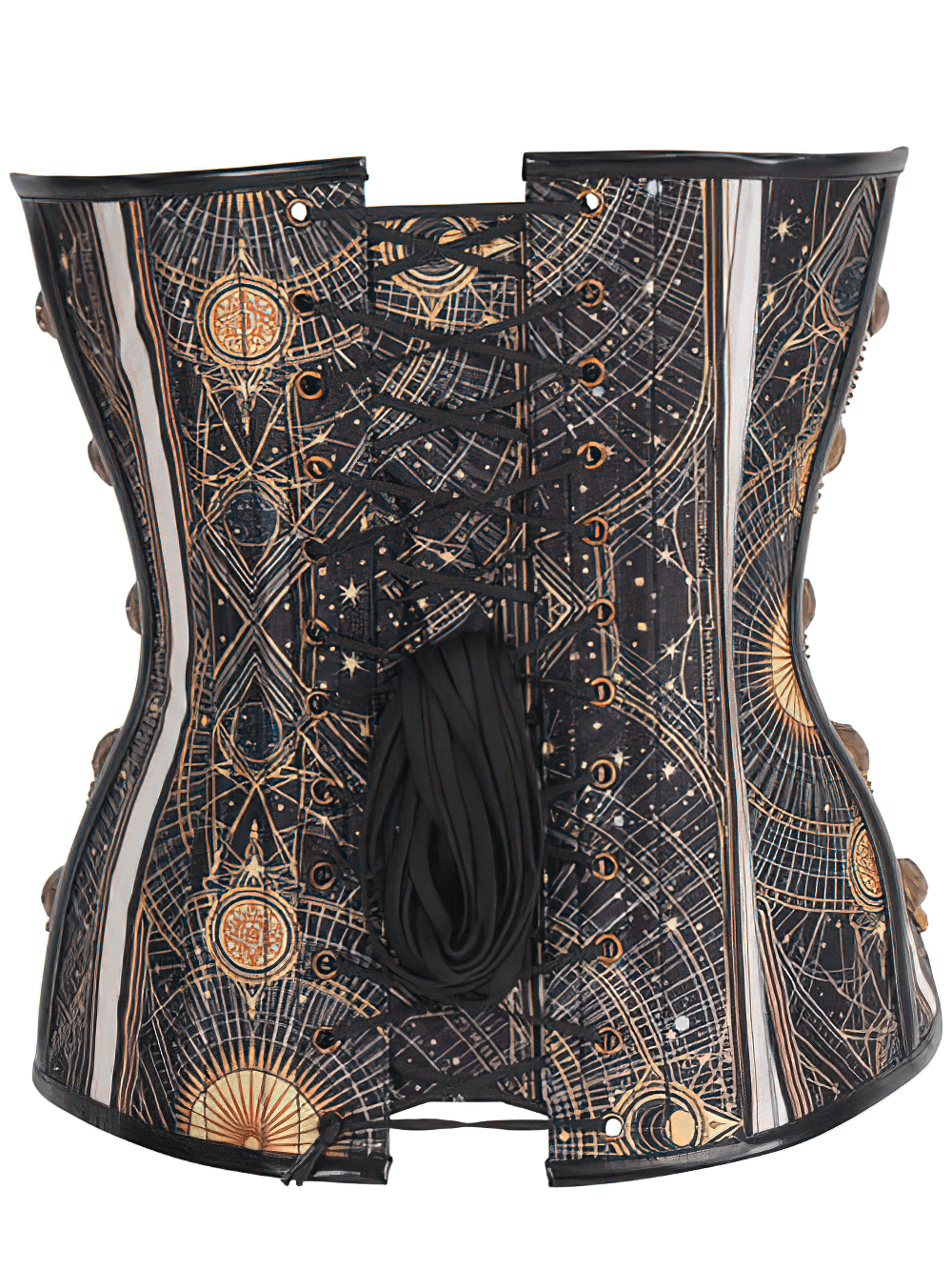 Back view of the intricate Steampunk Cathedral Stars Corset with lace-up design and celestial print.