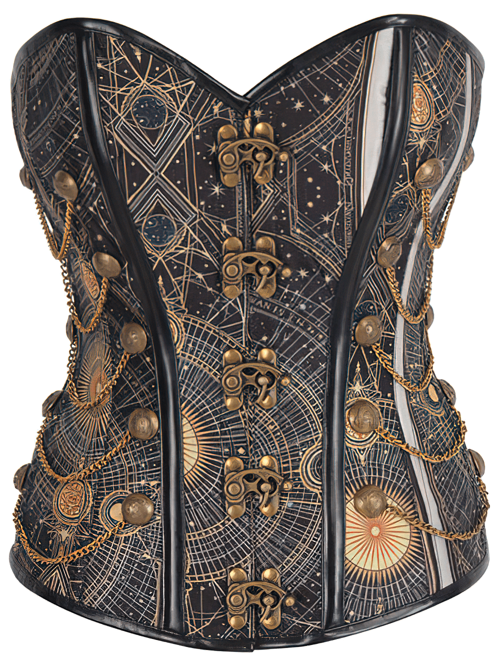 Steampunk Cathedral Stars Corset with intricate digital print, steel boning, and elegant lacing detail.