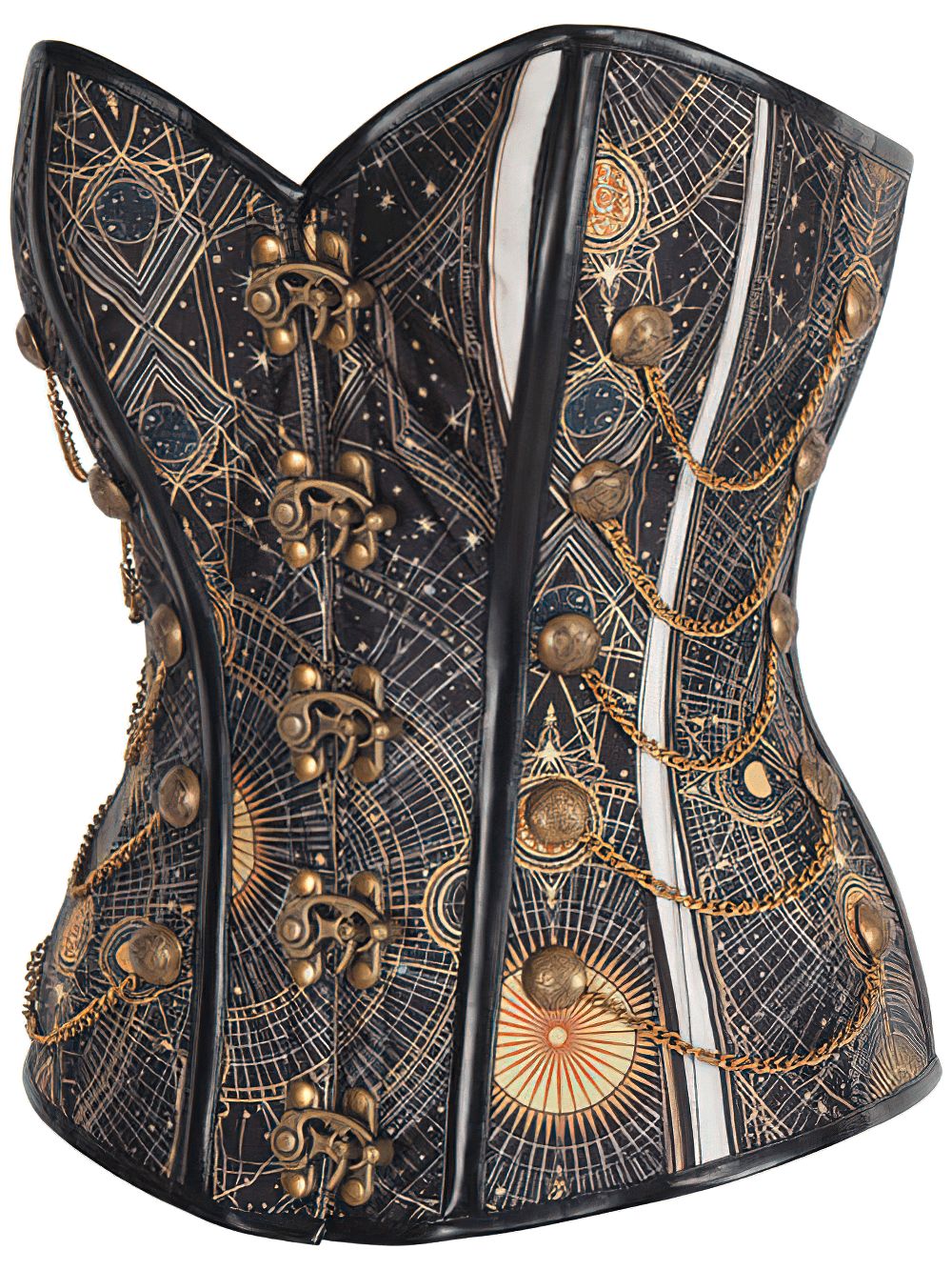 Steampunk Cathedral Stars Corset featuring intricate digital print and brass detailing, perfect for a stylish silhouette.